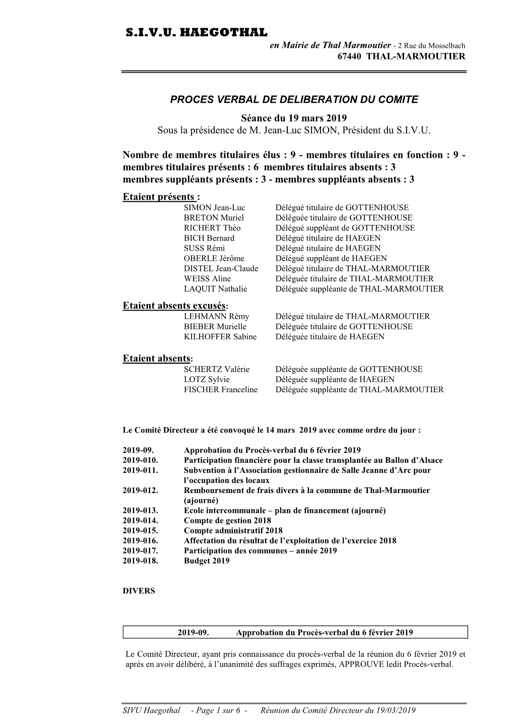 Séance Du 19 Mars 2019 : Procès Verbal De