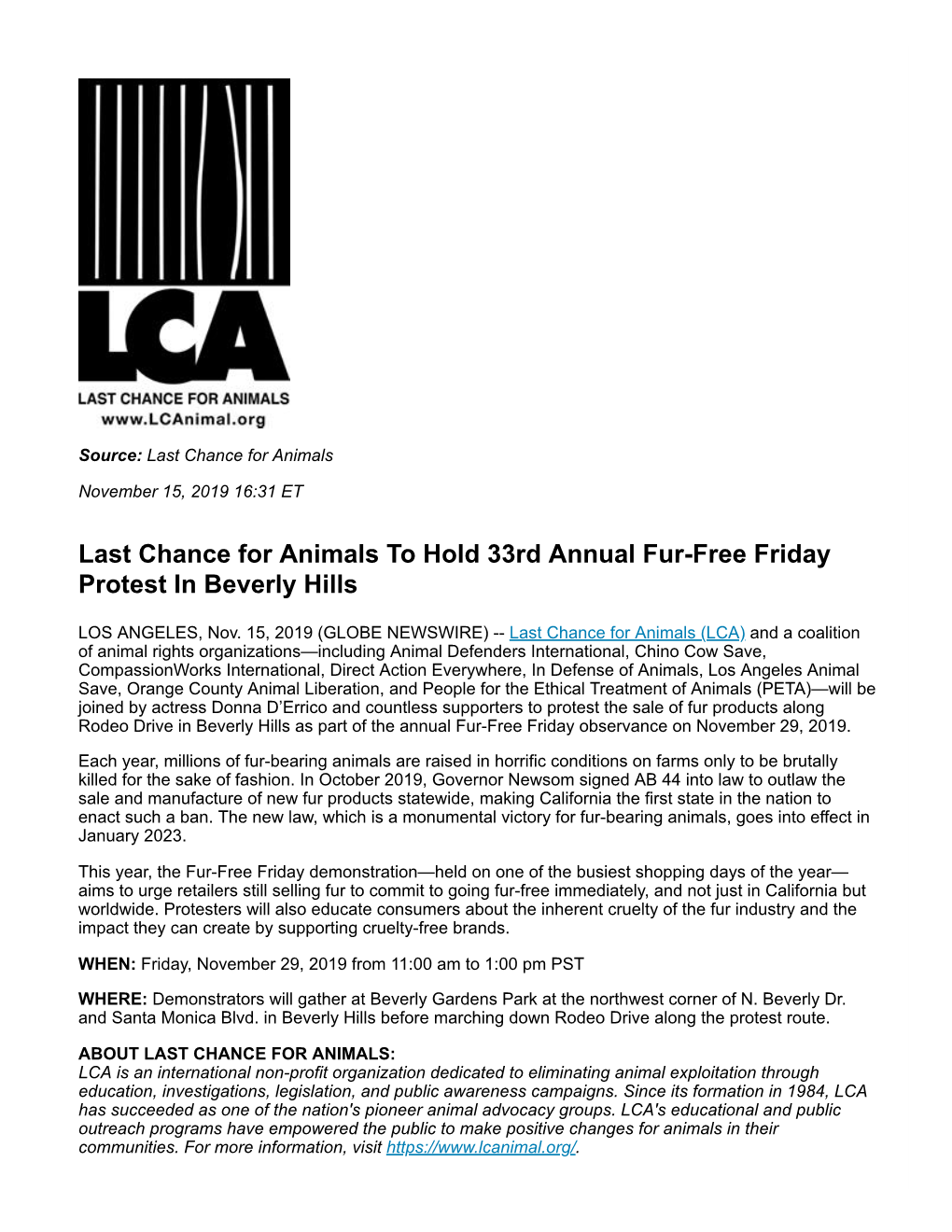 LCA to Hold 33Rd Annual Fur-Free Friday