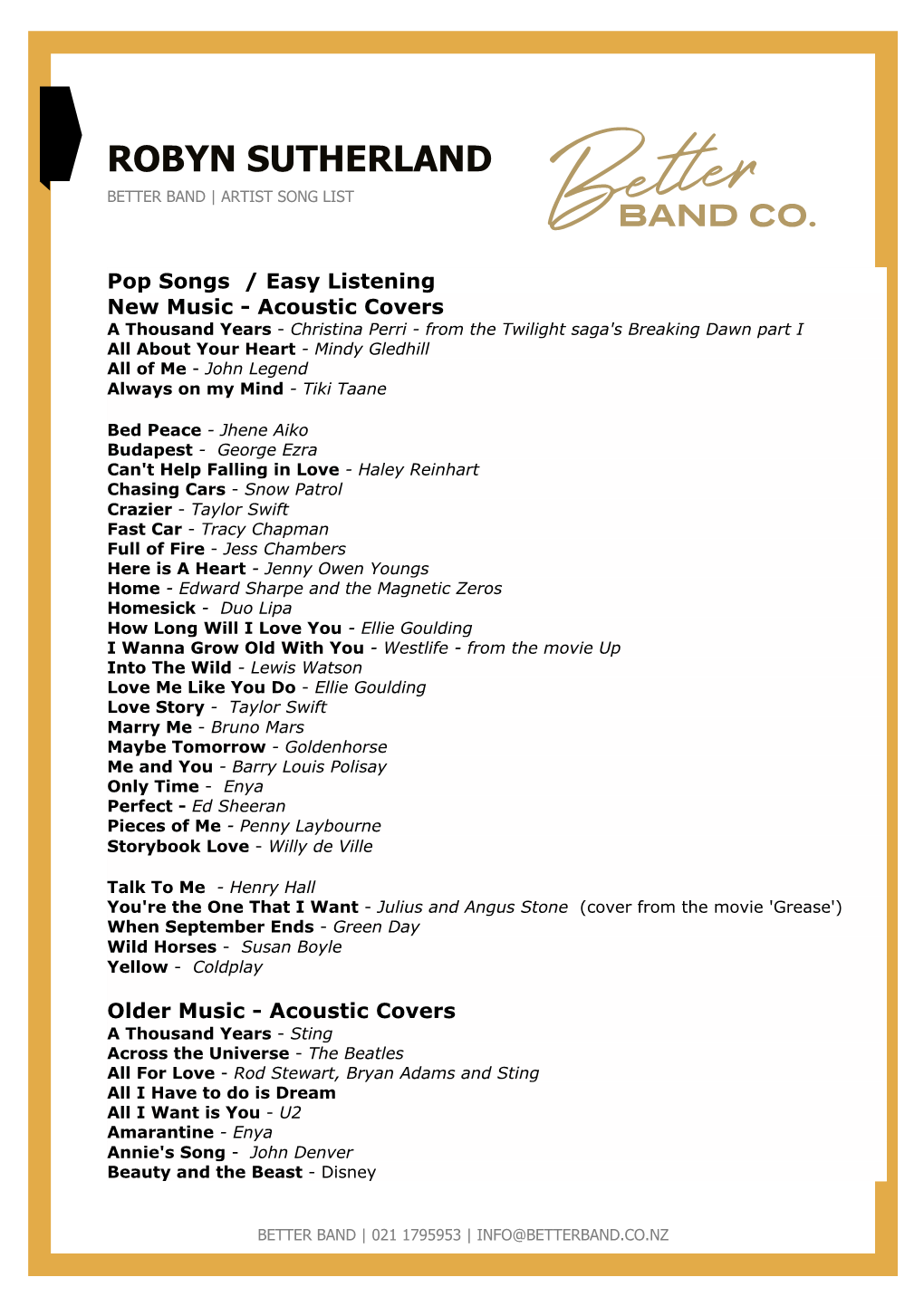 Robyn Sutherland Better Band | Artist Song List