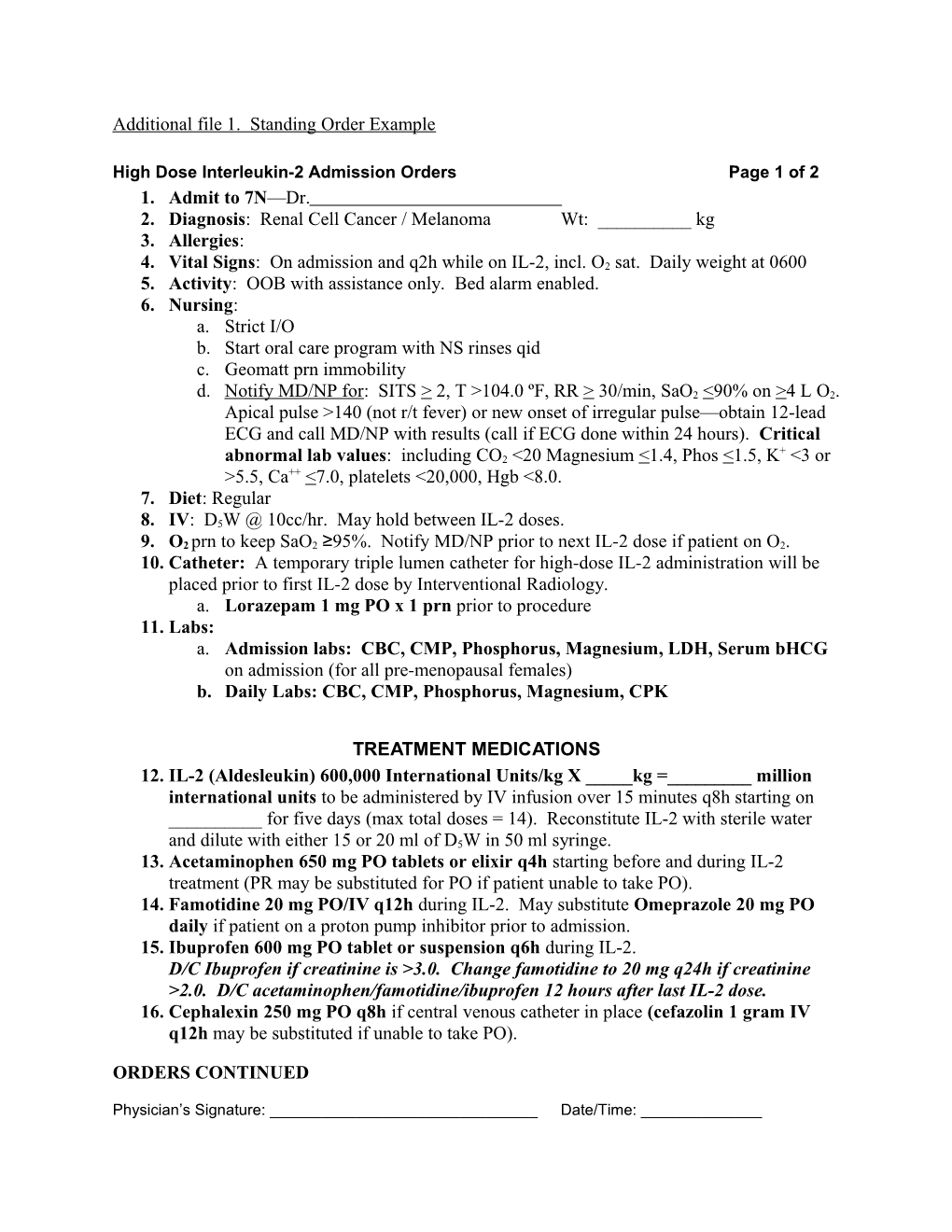 High Dose Interleukin-2 Admission Orders Page 1 of 2