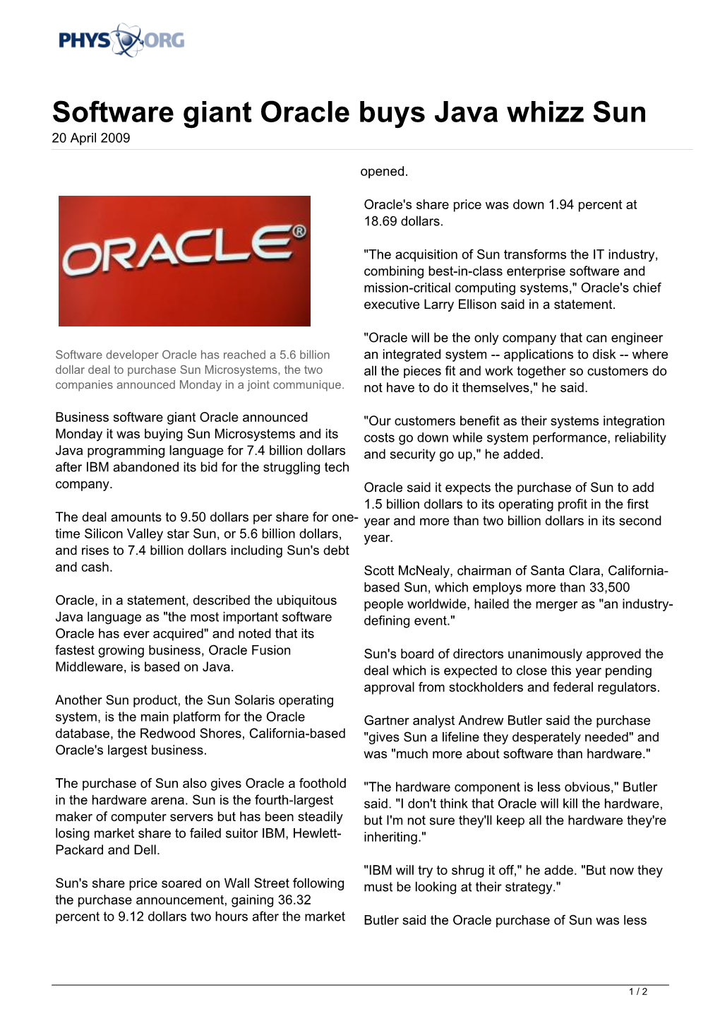 Software Giant Oracle Buys Java Whizz Sun 20 April 2009
