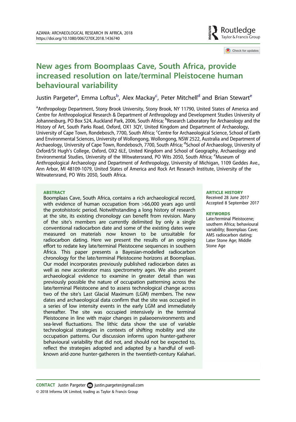 New Ages from Boomplaas Cave, South Africa, Provide Increased Resolution on Late/Terminal Pleistocene Human Behavioural Variabil