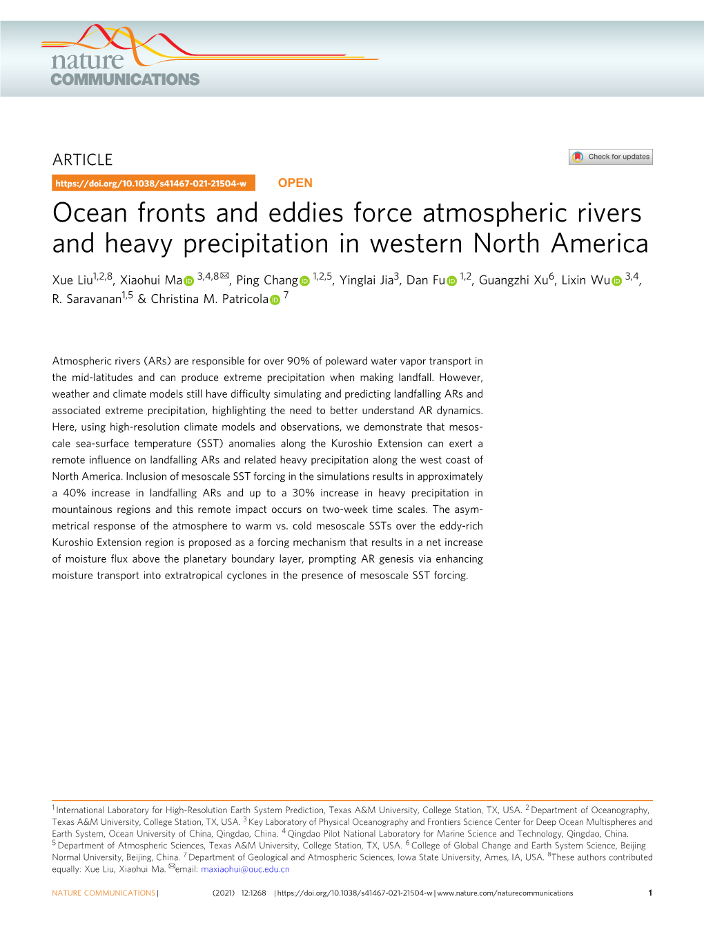 Ocean Fronts and Eddies Force Atmospheric Rivers and Heavy