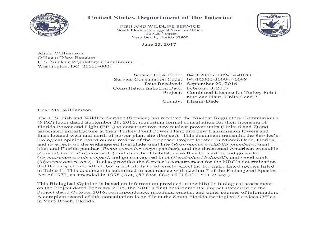 06/23/2017, Letter from US FWS Vero Beach to NRC Regarding Proposed