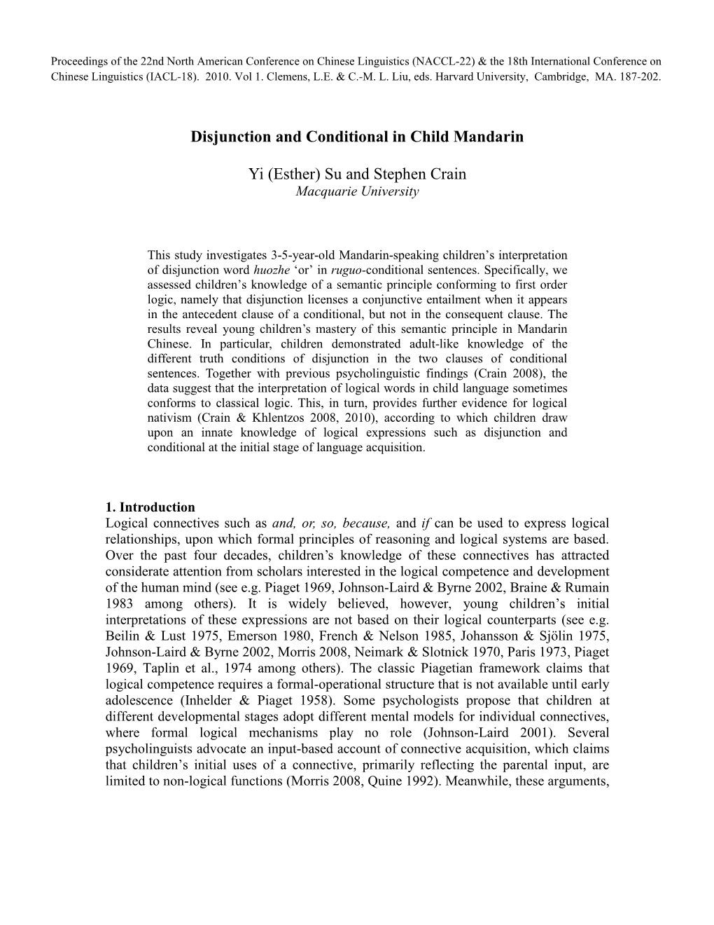 Disjunction and Conditional in Child Mandarin Yi