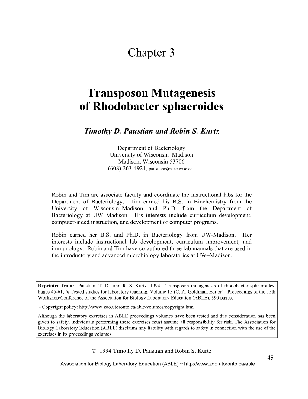 Chapter 3 Transposon Mutagenesis of Rhodobacter Sphaeroides