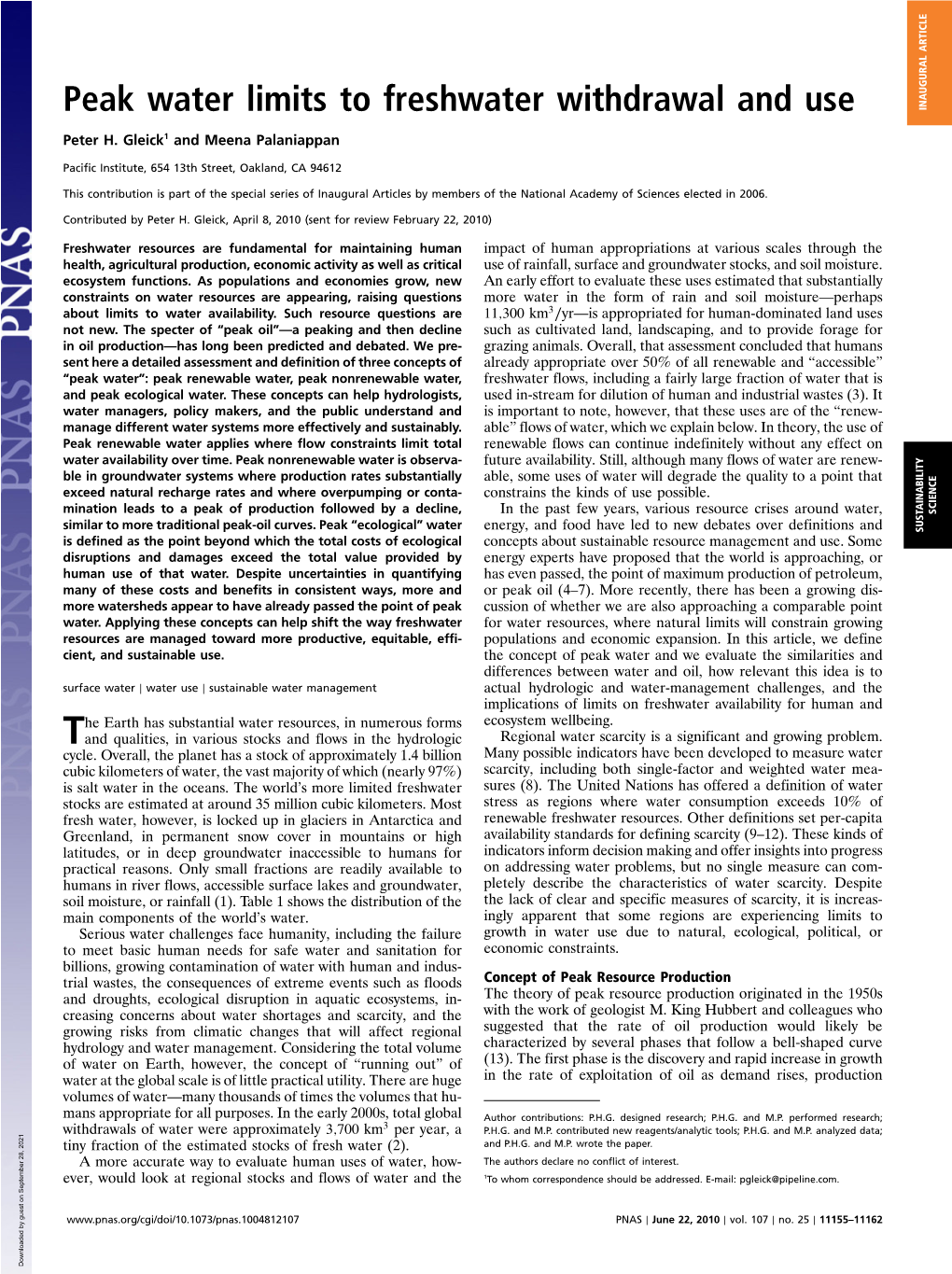 Peak Water Limits to Freshwater Withdrawal and Use INAUGURAL ARTICLE