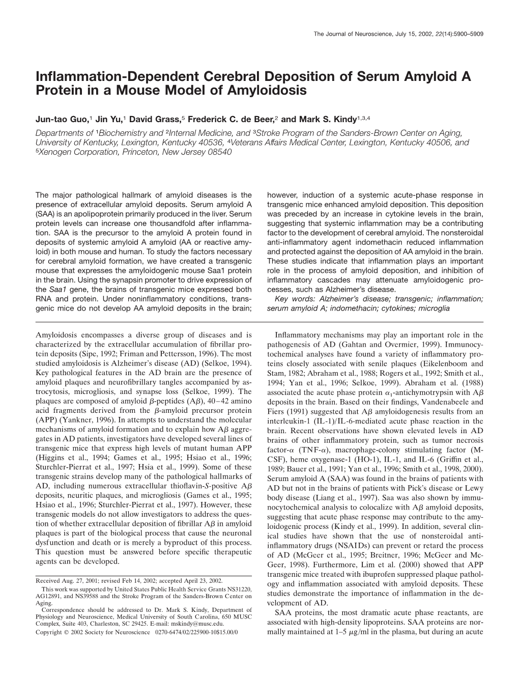 Inflammation-Dependent Cerebral Deposition of Serum Amyloid A