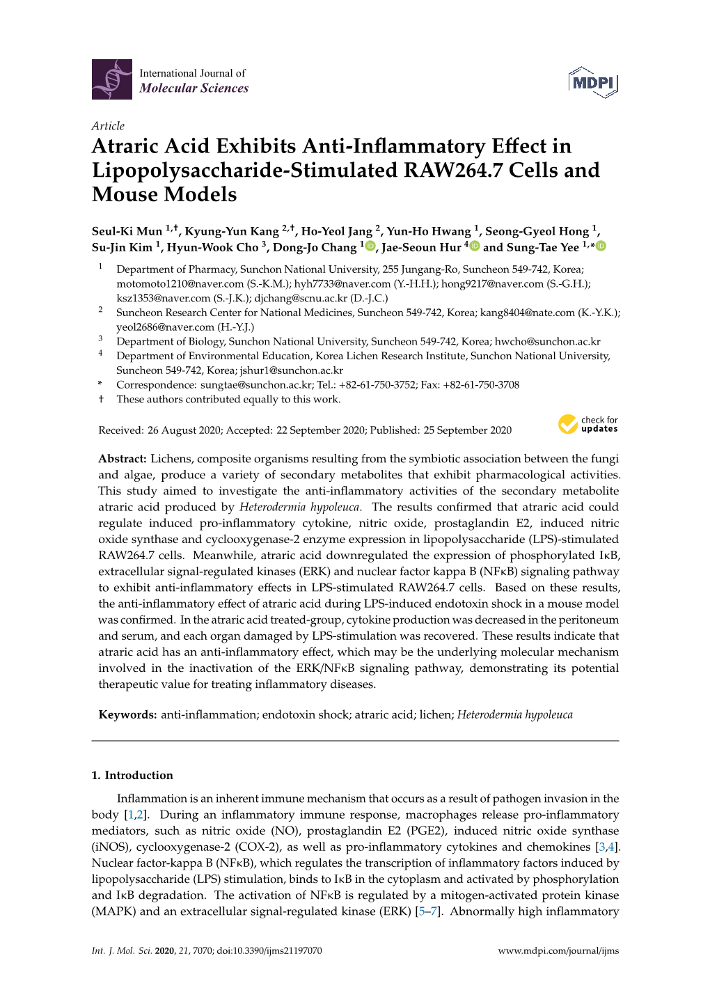 Atraric Acid Exhibits Anti-Inflammatory Effect in Lipopolysaccharide