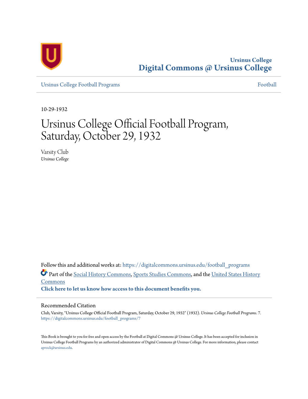 Ursinus College Official Football Program, Saturday, October 29, 1932 Varsity Club Ursinus College