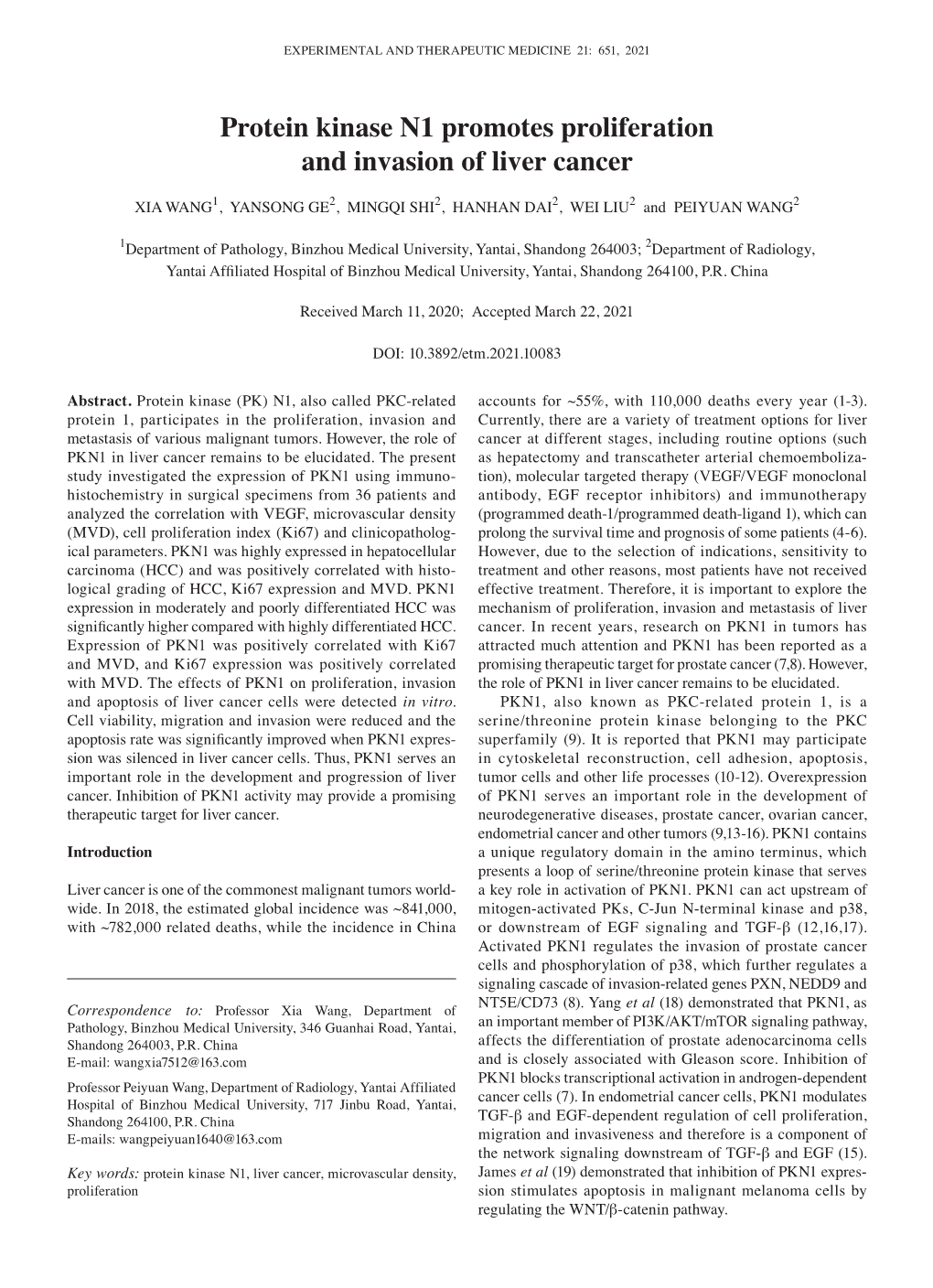 Protein Kinase N1 Promotes Proliferation and Invasion of Liver Cancer