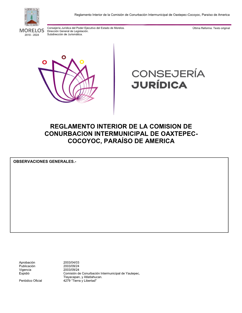 Reglamento Interior De La Comision De Conurbacion Intermunicipal De Oaxtepec- Cocoyoc, Paraíso De America