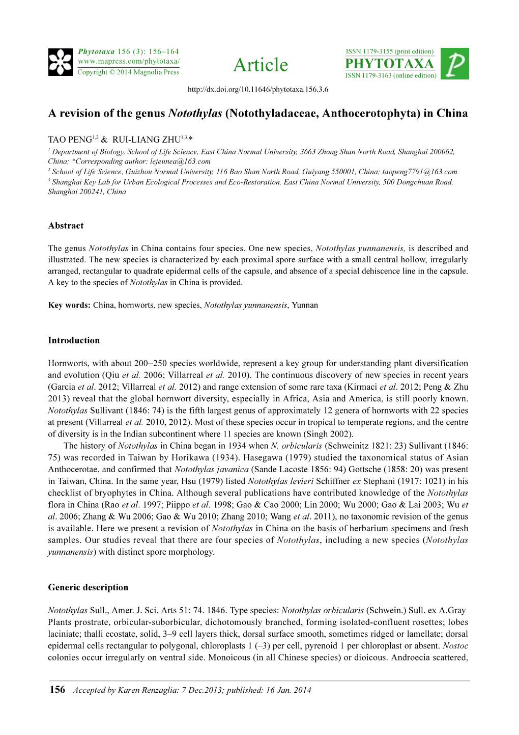 A Revision of the Genus Notothylas (Notothyladaceae, Anthocerotophyta) in China