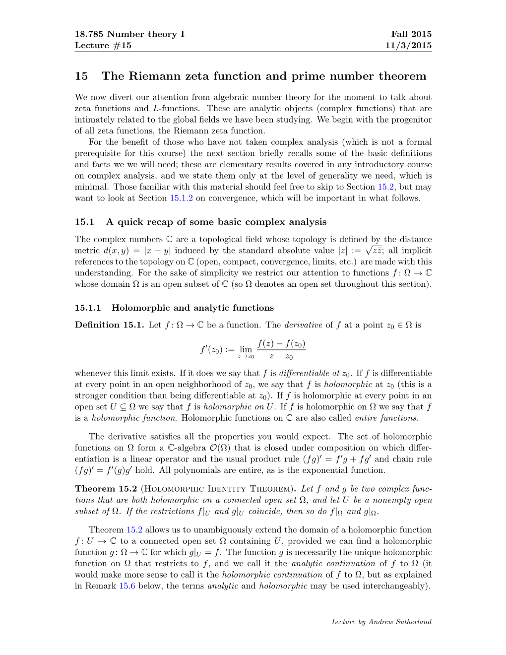 15 the Riemann Zeta Function and Prime Number Theorem