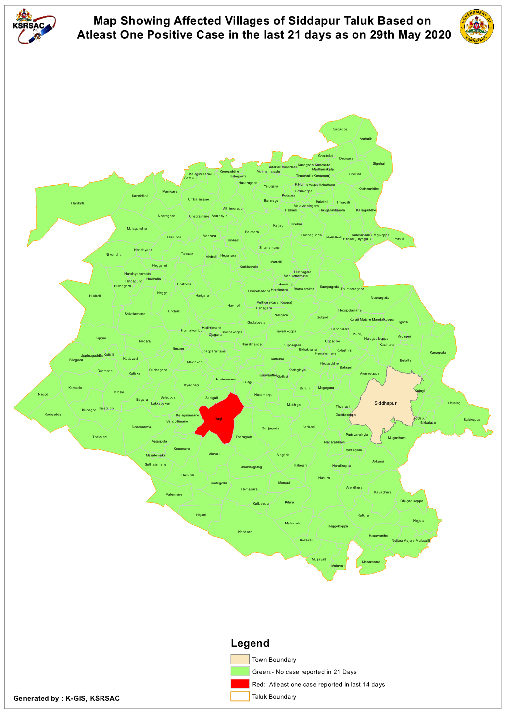 Map Showing Affected Villages of Siddapur Taluk Based on Atleast One Positive Case in the Last 21 Days As on 29Th May 2020