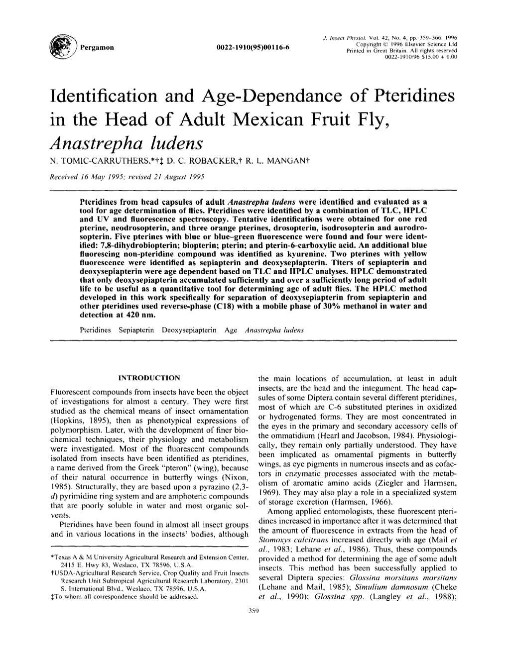 Identification and Age-Dependance of Pteridines in the Head of Adult Mexican Fruit Fly, Anastrepha Ludens N