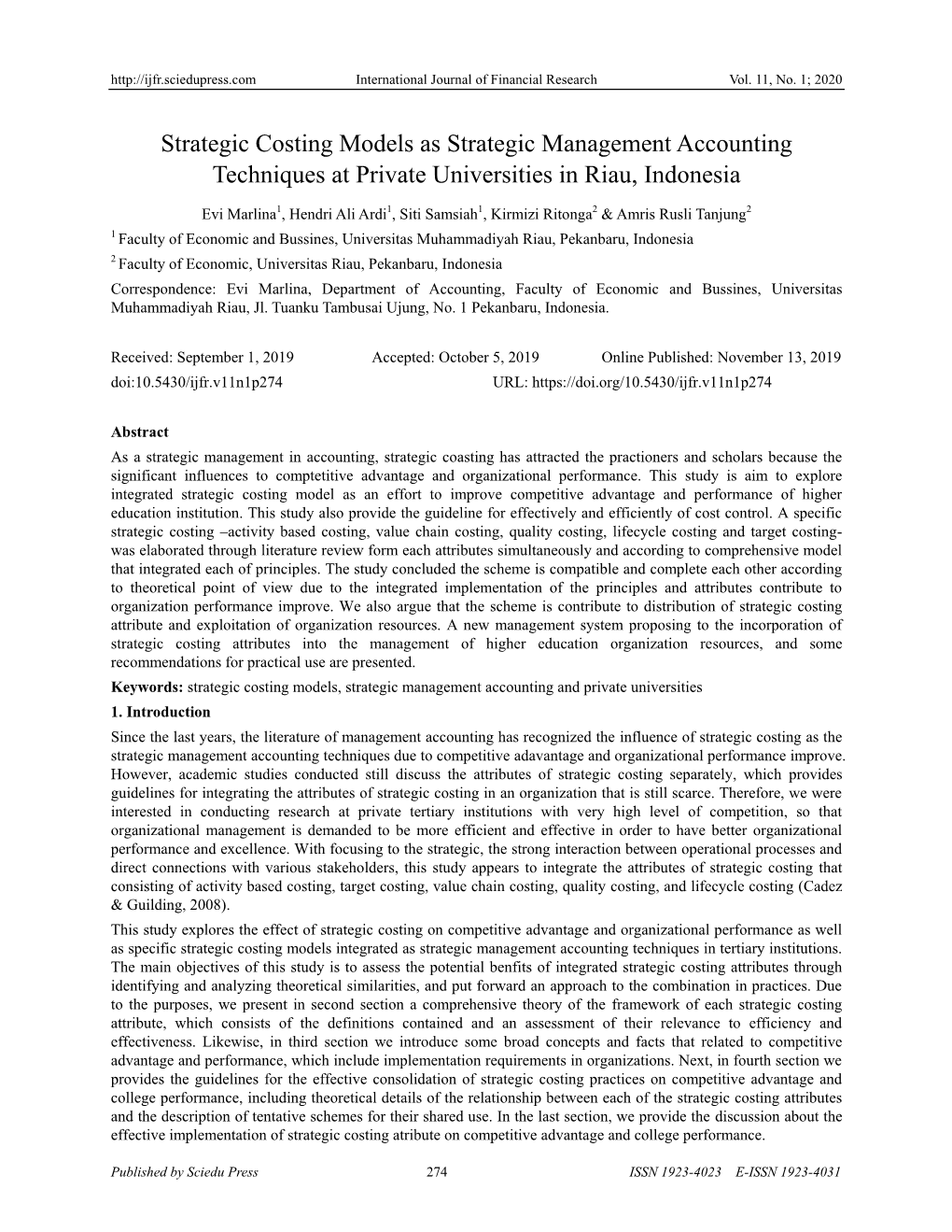 Strategic Costing Models As Strategic Management Accounting Techniques at Private Universities in Riau, Indonesia