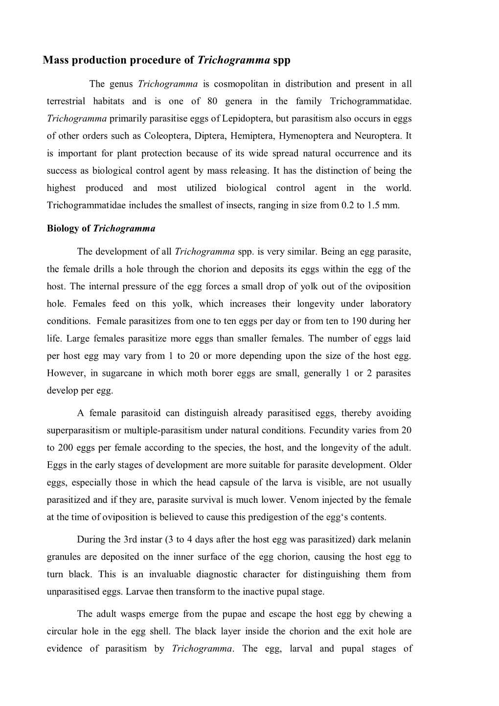 Mass Production Procedure of Trichogramma Spp