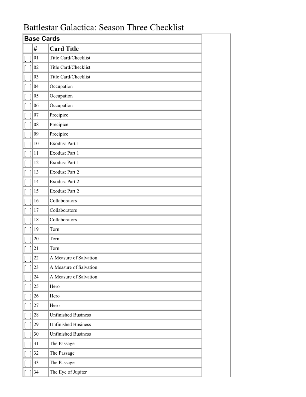 Battlestar Galactica: Season Three Checklist