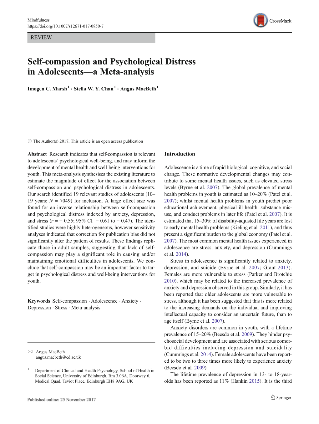 Self-Compassion and Psychological Distress in Adolescents—A Meta