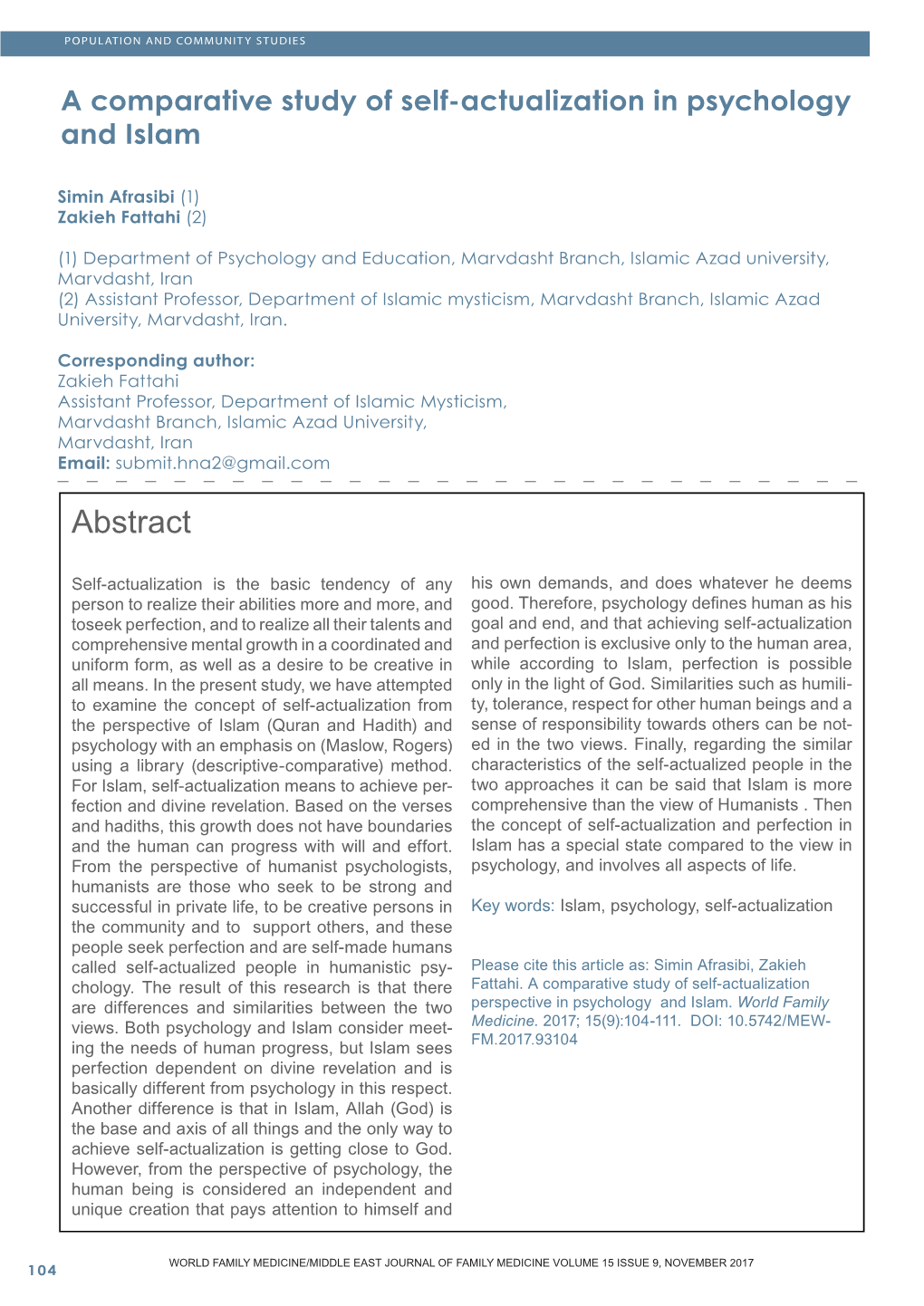 A Comparative Study of Self-Actualization in Psychology and Islam