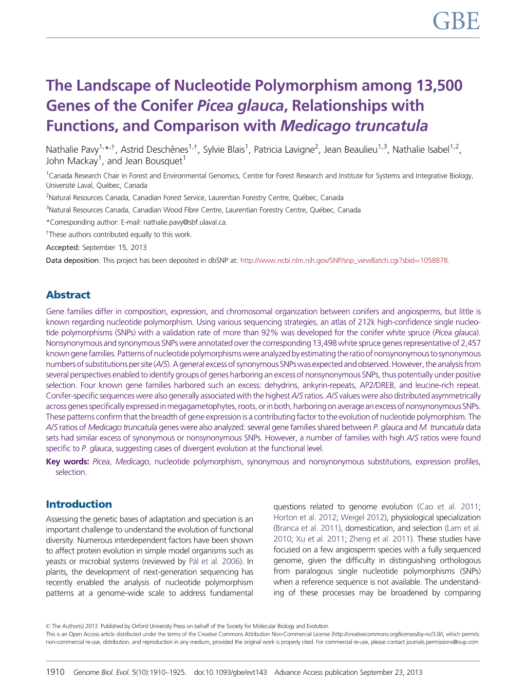 The Landscape of Nucleotide Polymorphism Among 13,500 Genes of the Conifer Picea Glauca, Relationships with Functions, and Comparison with Medicago Truncatula