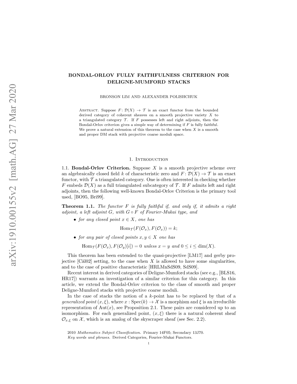 Arxiv:1910.00155V2 [Math.AG] 27 Mar 2020 1.1