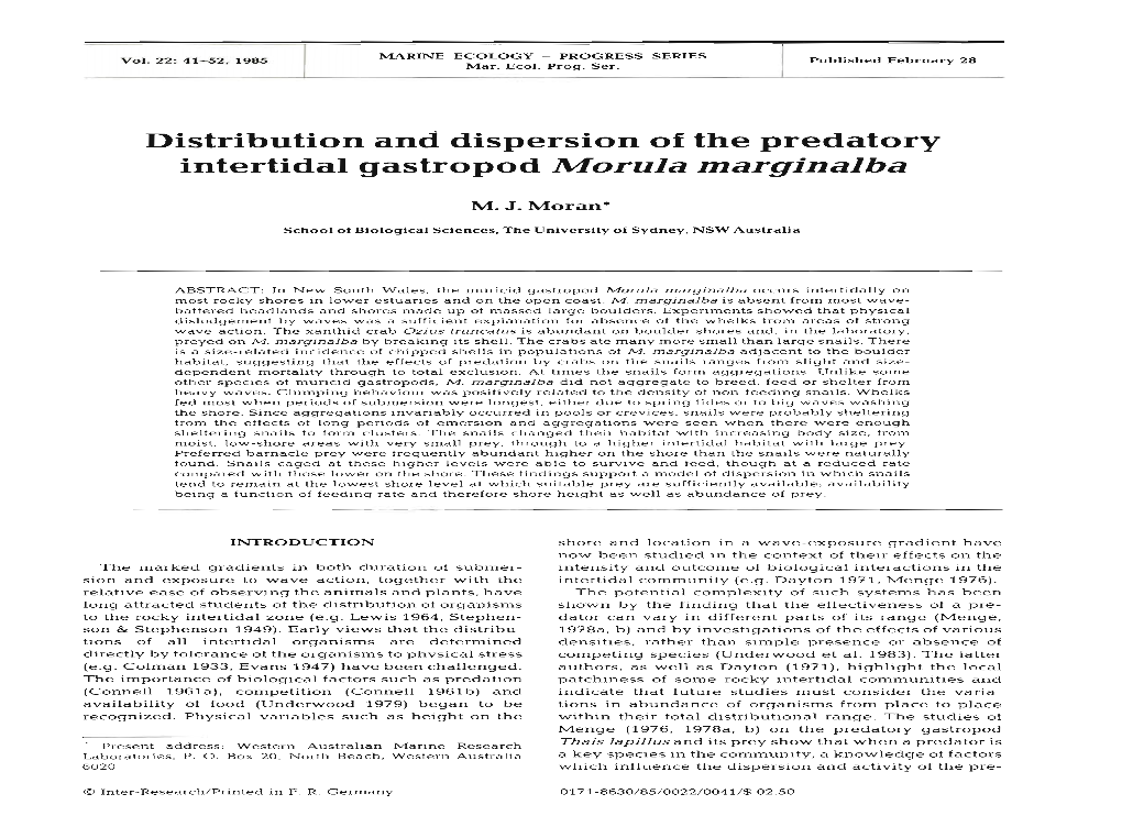 Distribution and Dispersion of the Predatory Intertidal Gastropod Morula Marginalba