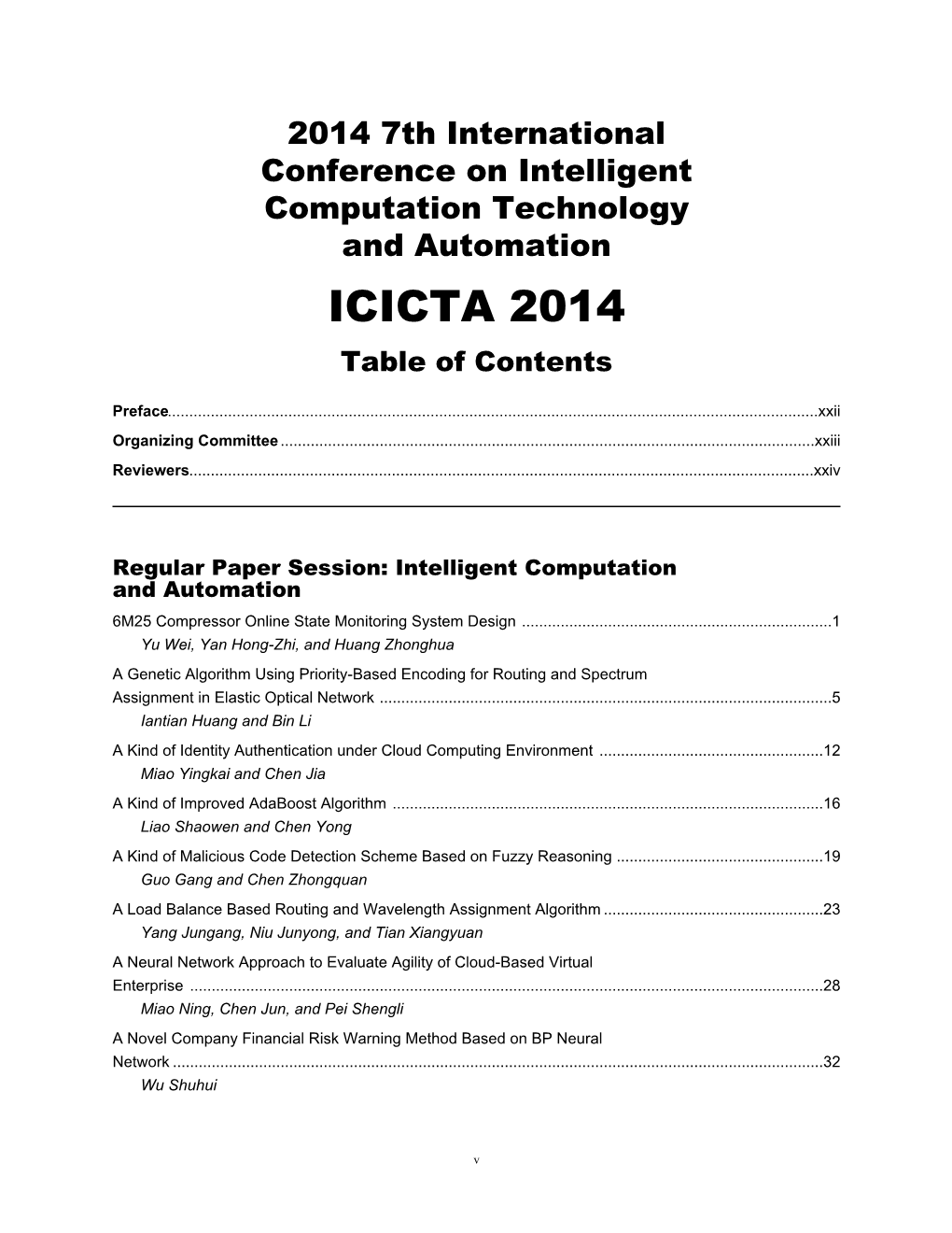 ICICTA 2014 Table of Contents