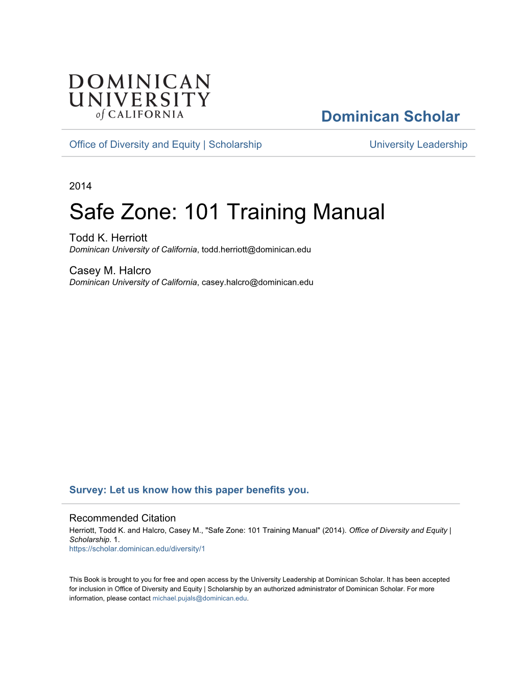 Safe Zone: 101 Training Manual Todd K