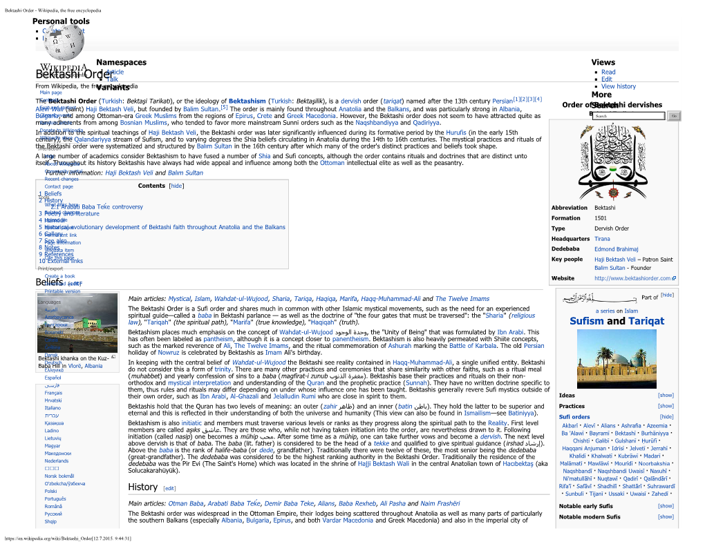 Bektashi Order - Wikipedia, the Free Encyclopedia Personal Tools Create Account Log In