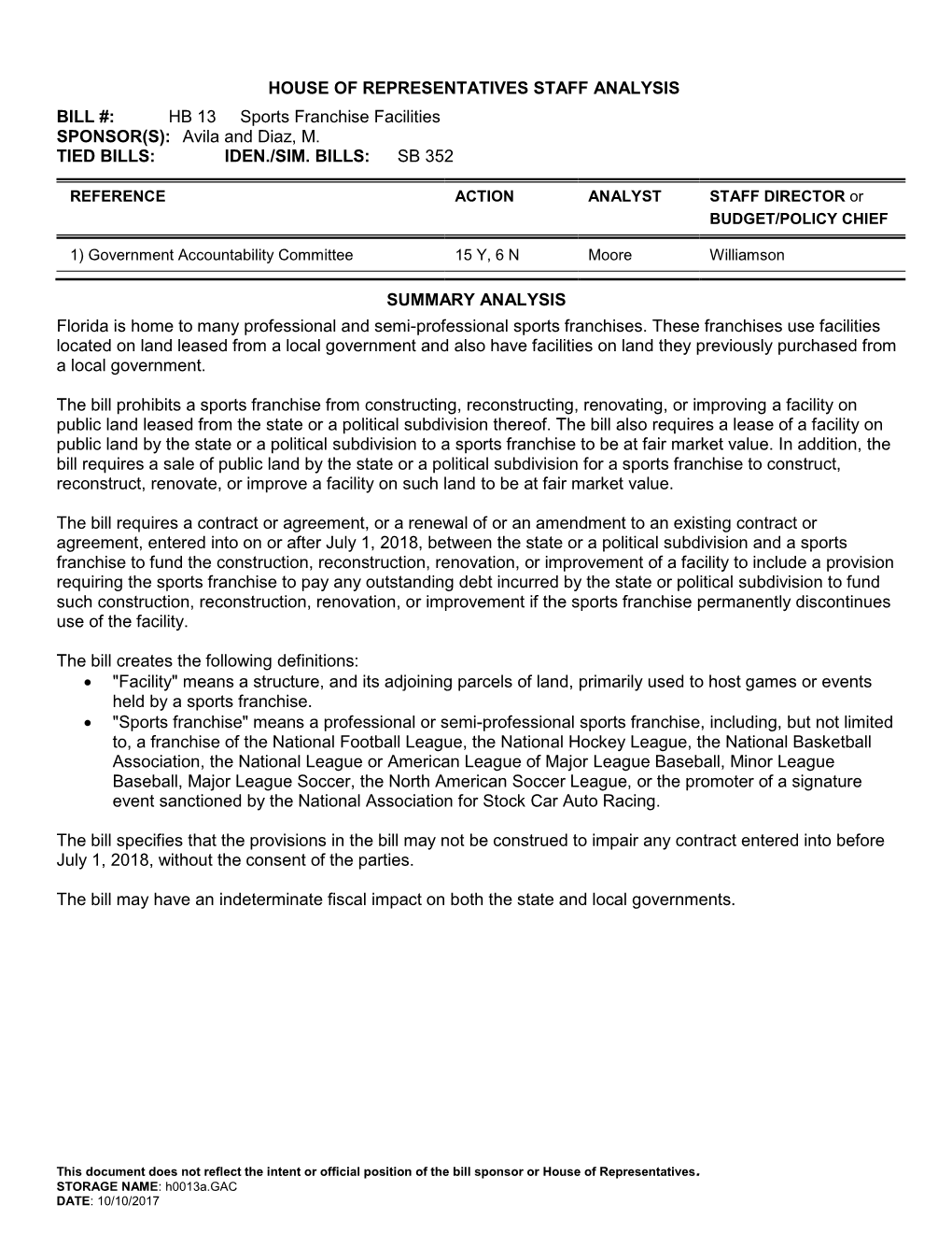 HOUSE of REPRESENTATIVES STAFF ANALYSIS BILL #: HB 13 Sports Franchise Facilities SPONSOR(S)