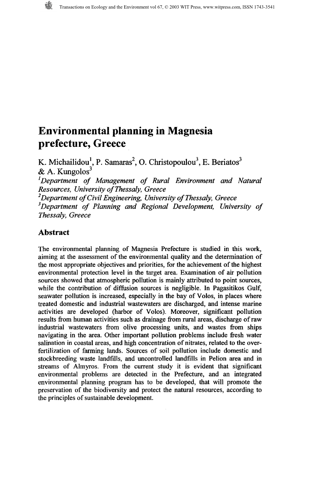 Environmental Planning in Magnesia Prefecture, Greece