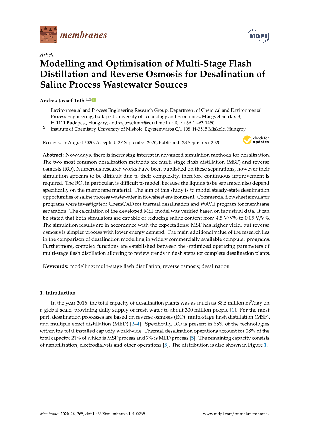 Modelling and Optimisation of Multi-Stage Flash Distillation and Reverse Osmosis for Desalination of Saline Process Wastewater Sources