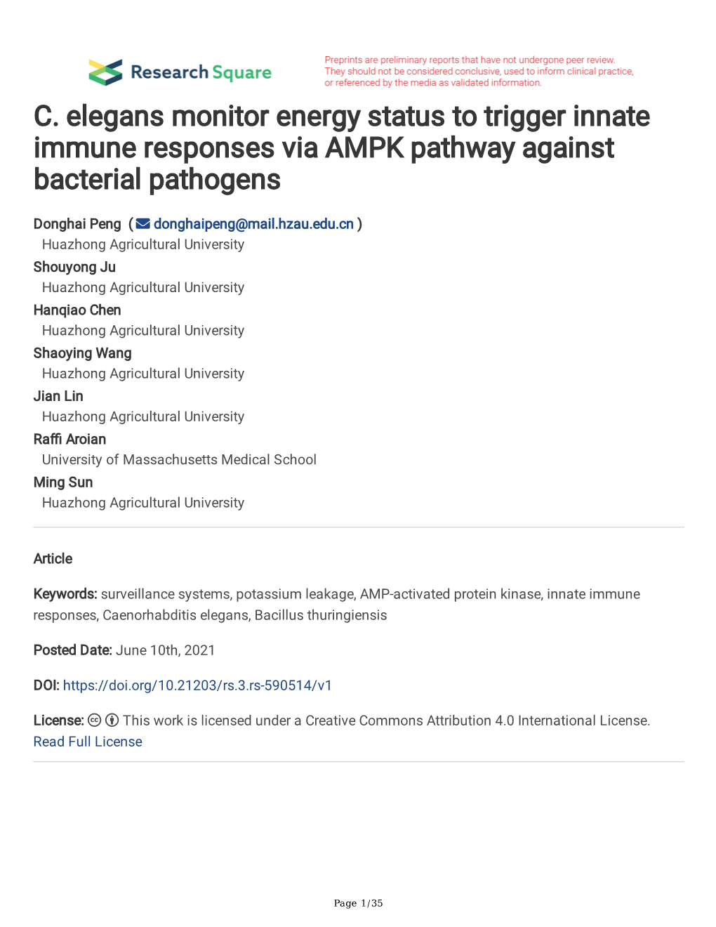 C. Elegans Monitor Energy Status to Trigger Innate Immune Responses Via AMPK Pathway Against Bacterial Pathogens