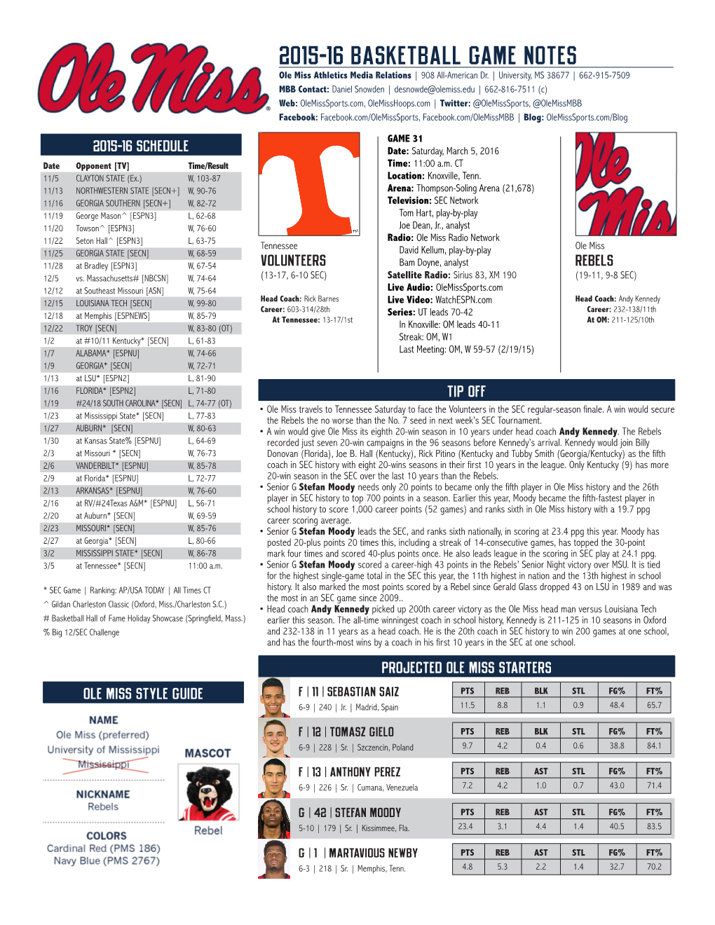 2015-16 BASKETBALL GAME NOTES Ole Miss Athletics Media Relations | 908 All-American Dr
