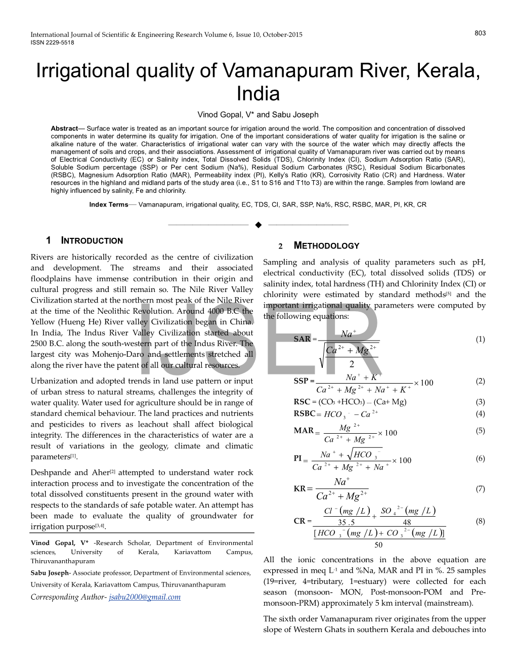 Irrigational Quality of Vamanapuram River, Kerala, India