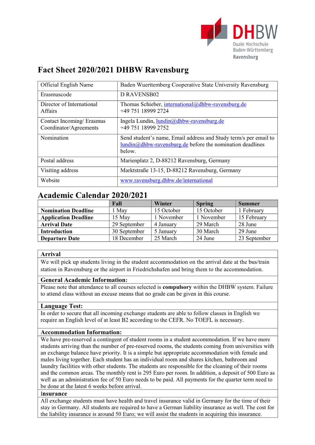 Fact Sheet 2020/2021 DHBW Ravensburg Academic Calendar