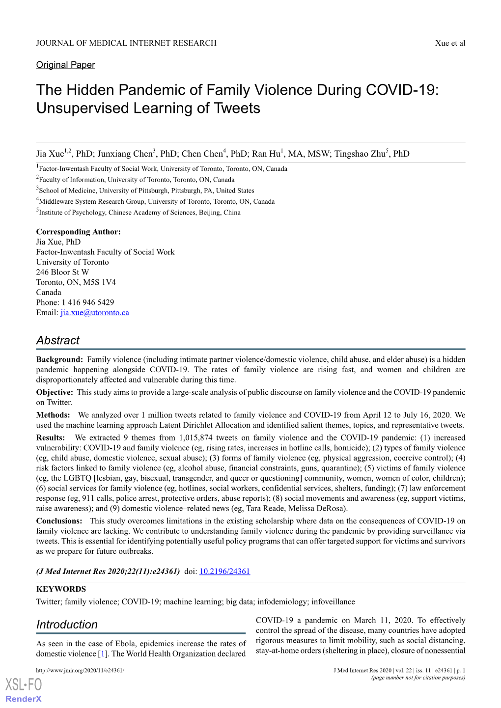 The Hidden Pandemic of Family Violence During COVID-19: Unsupervised Learning of Tweets