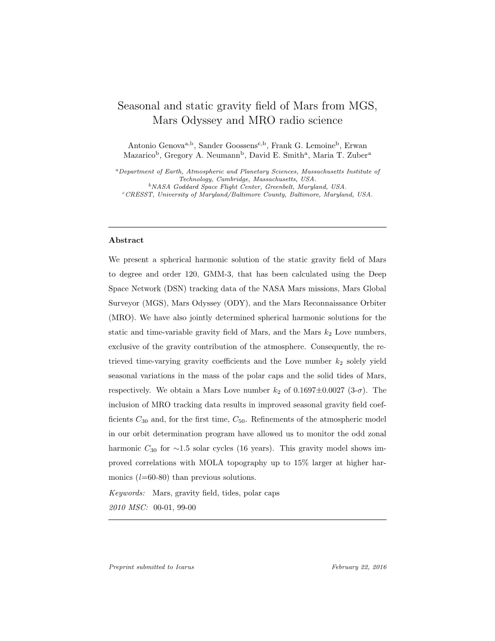 Seasonal and Static Gravity Field of Mars from MGS, Mars Odyssey And