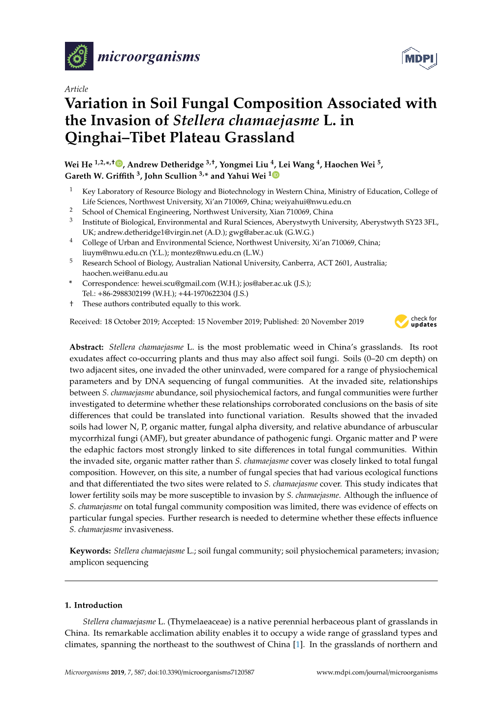 Variation in Soil Fungal Composition Associated with the Invasion of Stellera Chamaejasme L