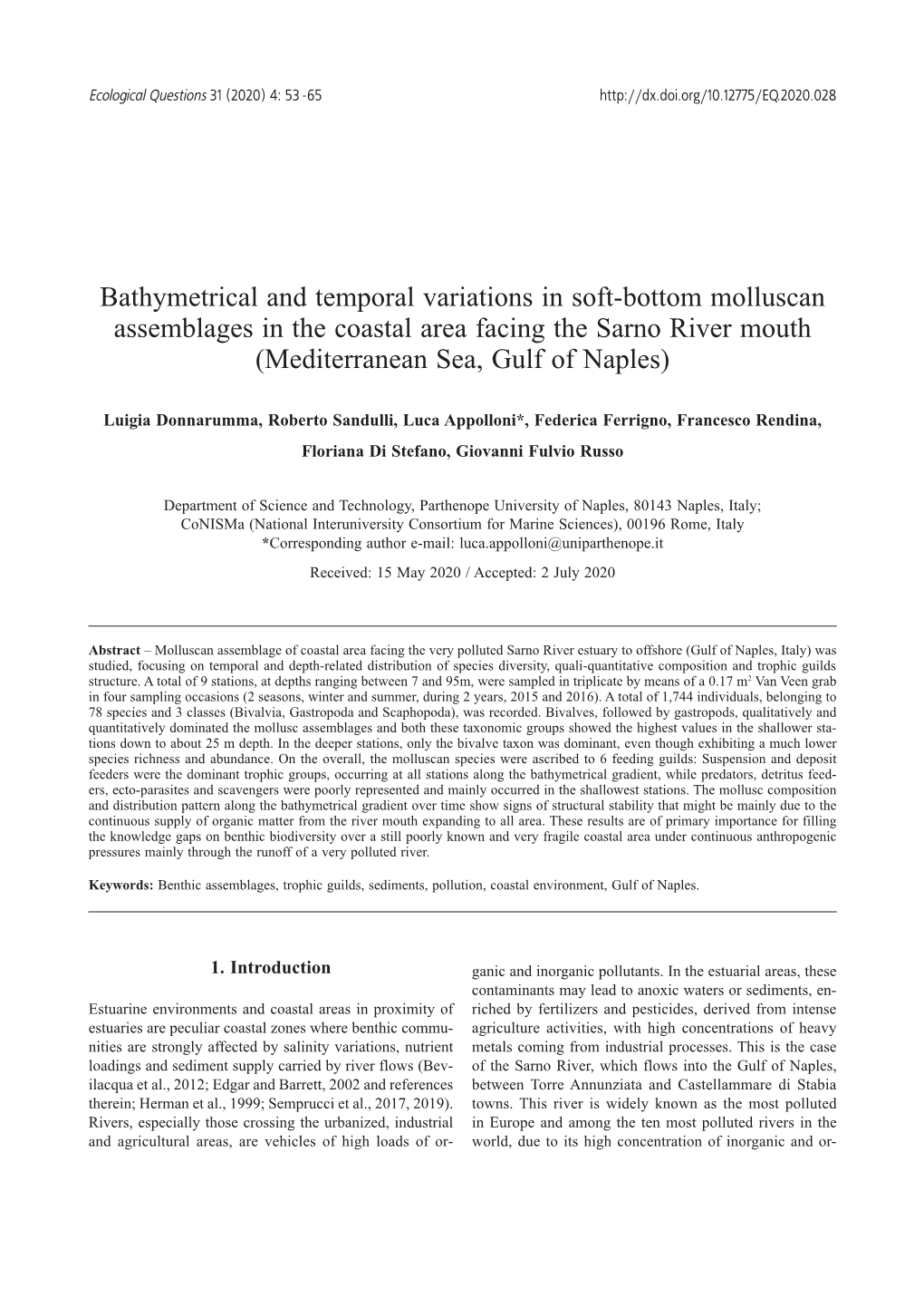 Bathymetrical and Temporal Variations in Soft-Bottom Molluscan Assemblages in the Coastal Area Facing the Sarno River Mouth (Mediterranean Sea, Gulf of Naples)
