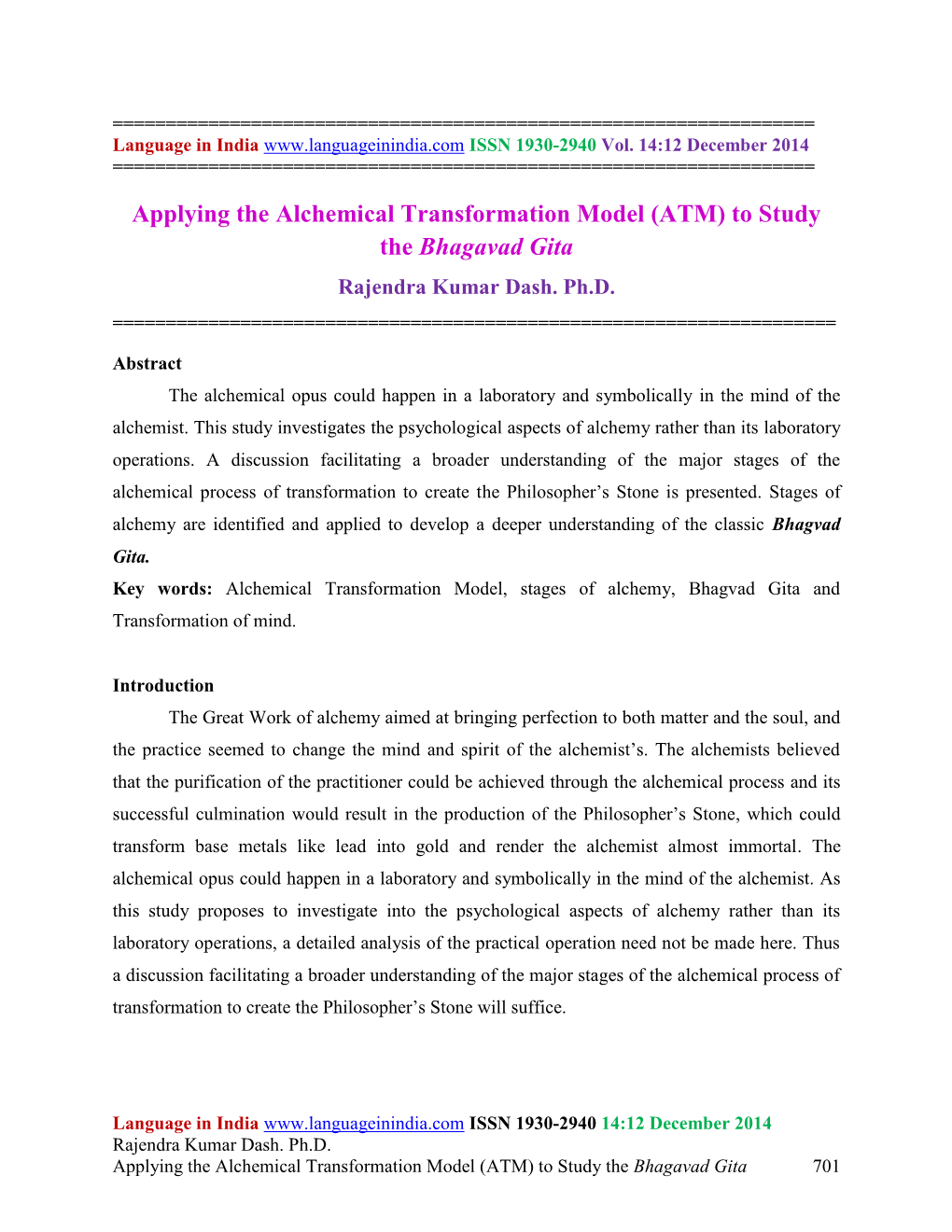 Applying the Alchemical Transformation Model (ATM) to Study the Bhagavad Gita Rajendra Kumar Dash