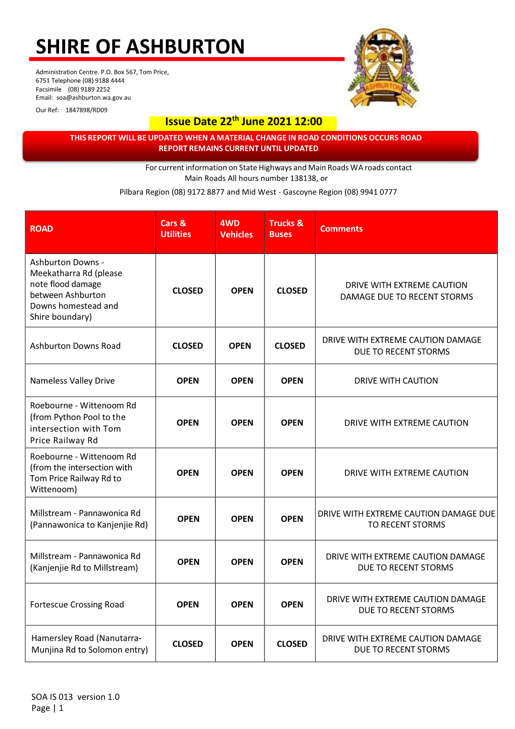 SOA IS 013 Version 1.0 Page | 1 Hamersley Road (Solomon Entry DRIVE with EXTREME CAUTION DAMAGE CLOSED OPEN CLOSED to Rio Rail Access Road) DUE to RECENT STORMS