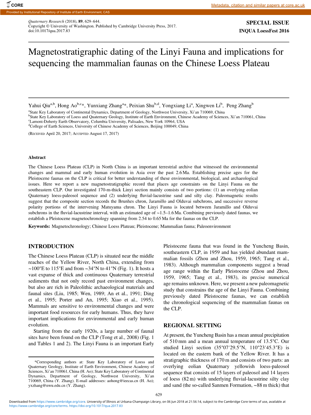 Magnetostratigraphic Dating of the Linyi Fauna and Implications for Sequencing the Mammalian Faunas on the Chinese Loess Plateau