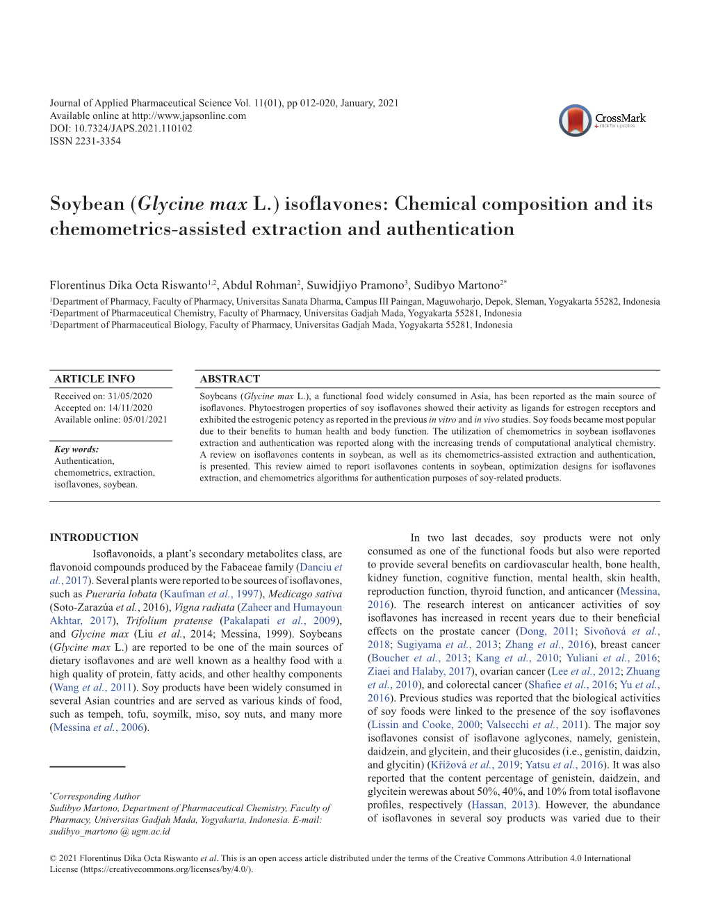 Soybean (Glycine Max L.) Isoflavones: Chemical Composition and Its Chemometrics-Assisted Extraction and Authentication