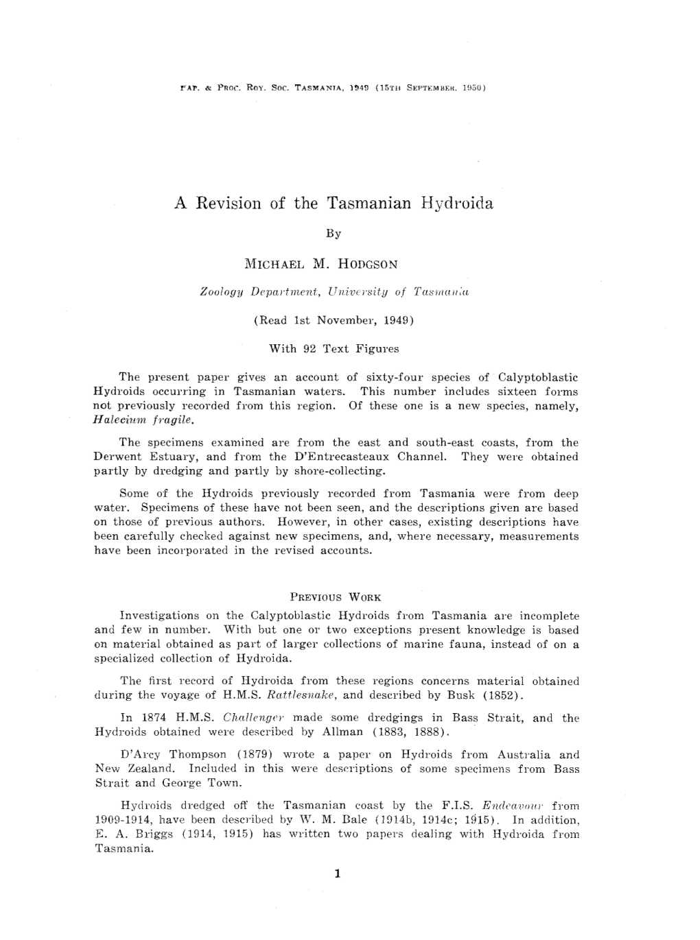 A Revision of the Tasmanian Hydroida