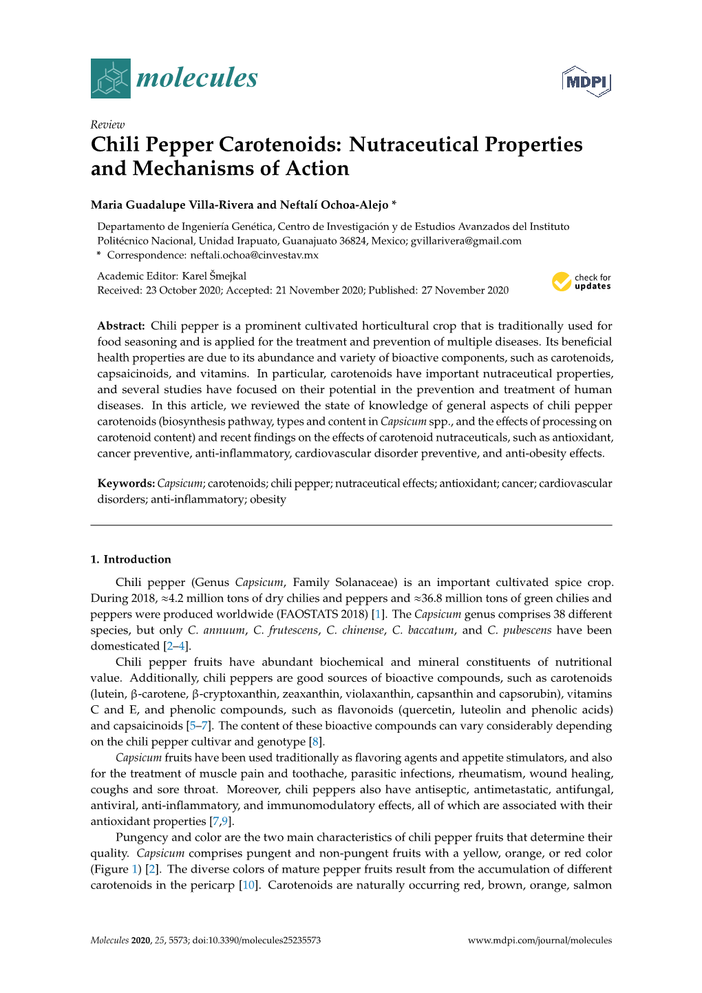 Chili Pepper Carotenoids: Nutraceutical Properties and Mechanisms of Action