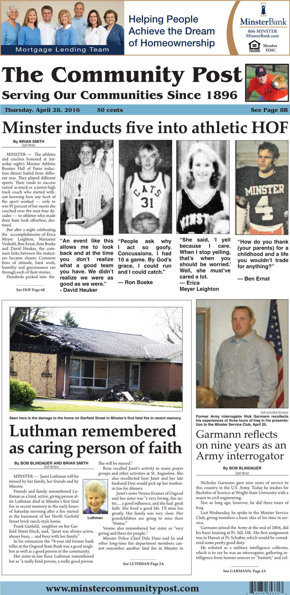 The Community Post Serving Our Communities Since 1896 Thursday, April 28, 2016 50 Cents See Page 8B Minster Inducts Five Into Athletic HOF by BRIAN SMITH Staff Writer