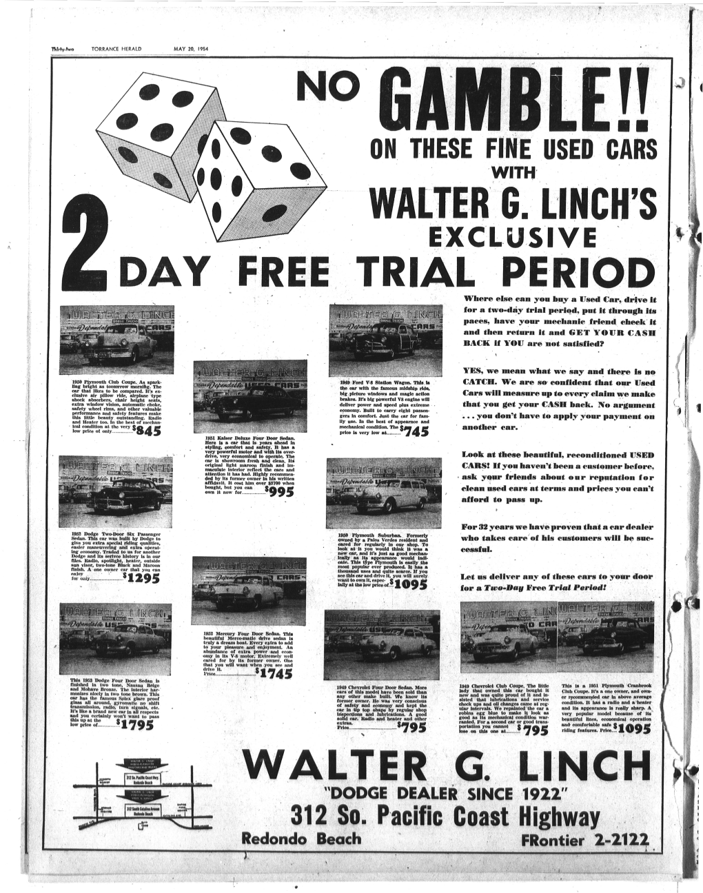 Torrance Herald May 20, 1954 Gamb on These Fine Used Cars with Walter G